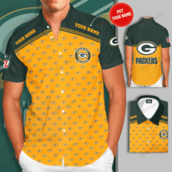 Green Bay Packers Logo Custom Name Curved Hawaiian Shirt In Yellow