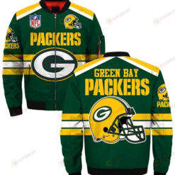 Green Bay Packers Logo Helmet Stripe Pattern Bomber Jacket - Green