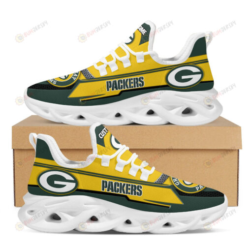 Green Bay Packers Logo Line Pattern Custom Name 3D Max Soul Sneaker Shoes In Yellow Green