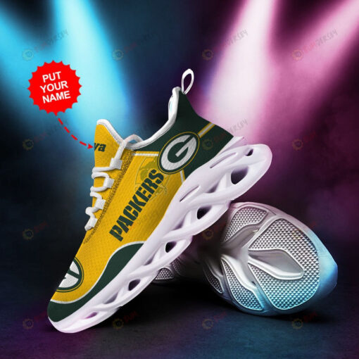 Green Bay Packers Logo Pattern Custom Name 3D Max Soul Sneaker Shoes In Yellow Green