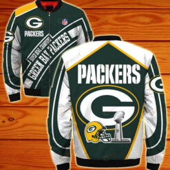 Green Bay Packers Logo Text Pattern Bomber Jacket - Green/ White