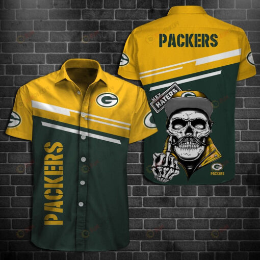 Green Bay Packers Skull Pattern Curved Hawaiian Shirt In Dark Green & Yellow