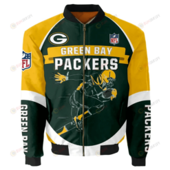 Green Bay Packers Team Logo Pattern Bomber Jacket - Green And Yellow White