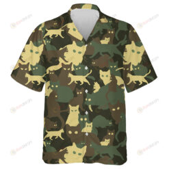 Green Forest Colors Playful Cat Silhouette Camo Pattern Hawaiian Shirt