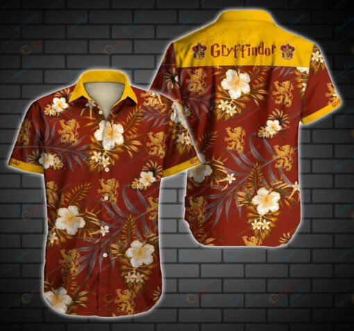 Gryffindor Style Hibiscus Curved Hawaiian Shirt In Yellow Red