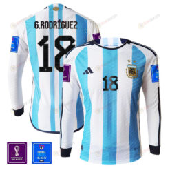 Guido Rodr?guez 18 Argentina 2022-23 Home Men Long Sleeve Jersey National Team World Cup Qatar