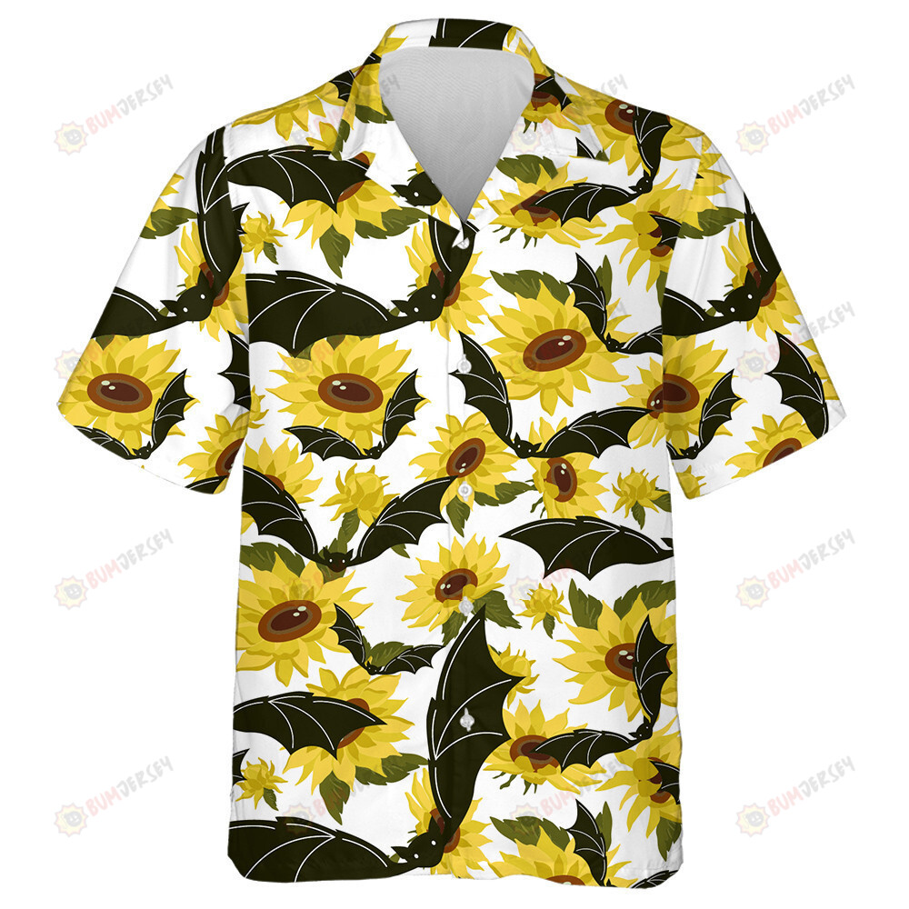Halloween Black Bat And Yellow Sunflowers On White Background Hawaiian Shirt