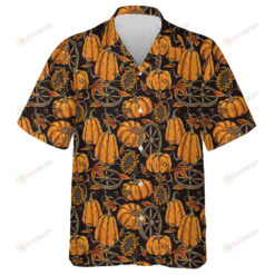 Halloween Pattern With Pumpkin Sunflower Wheel And Orange Foliage Hawaiian Shirt