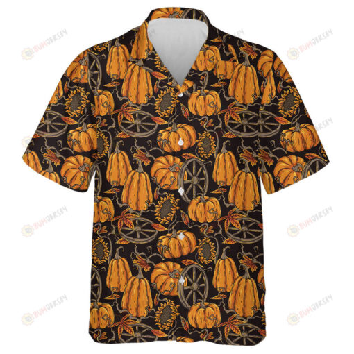 Halloween Pattern With Pumpkin Sunflower Wheel And Orange Foliage Hawaiian Shirt