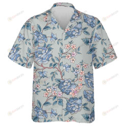 Hand Drawn Blue Flower Branches Vivid Garden Themed Design Hawaiian Shirt
