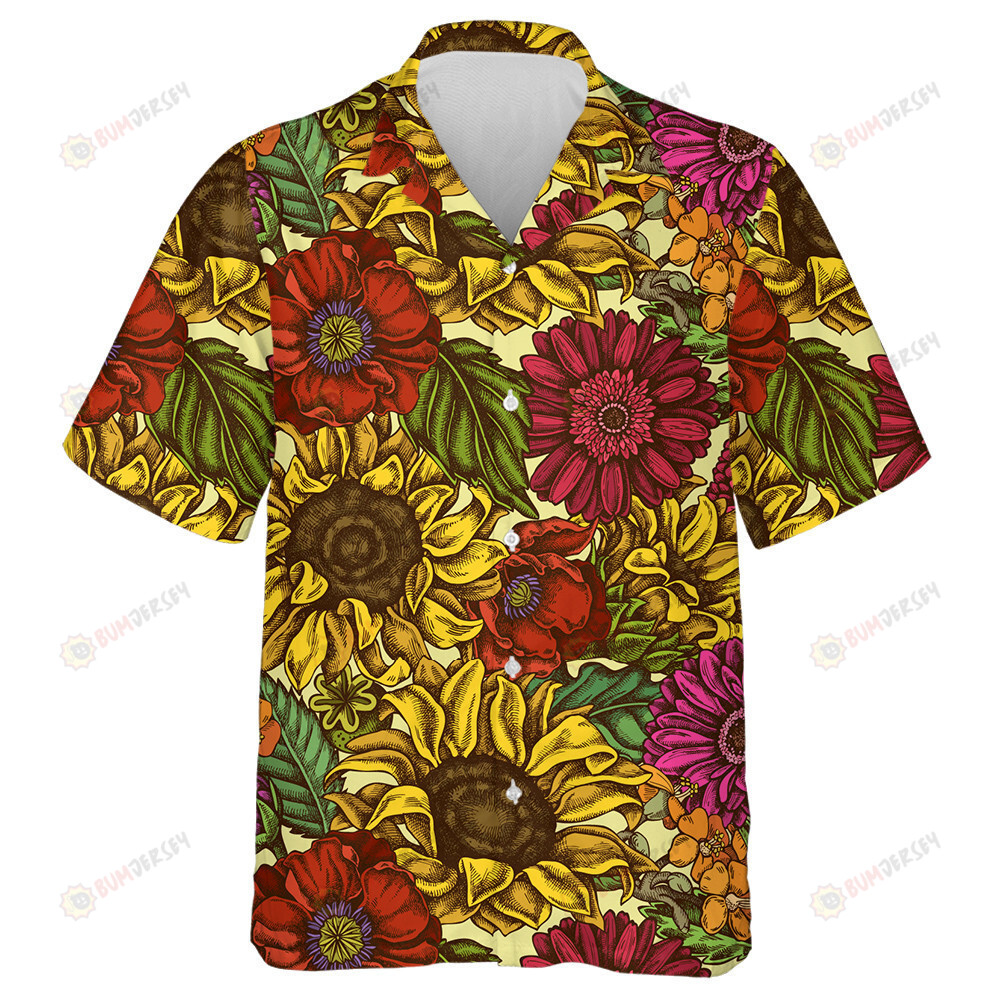 Hand Drawn Colored Poppy Flower Gerbera Sunflower Milkweed Hawaiian Shirt