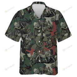 Hand Drawn Dark Colors Chameleon On Branch Camo Background Hawaiian Shirt