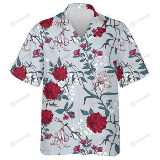 Hand Drawn Impressive Red Rose And Lily Branches Design Hawaiian Shirt