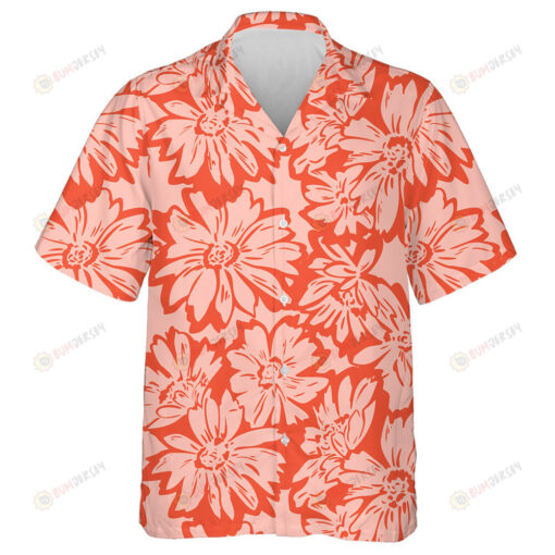 Hand Drawn Large Flower Buds Flowers Silhouettes On Red Design Hawaiian Shirt