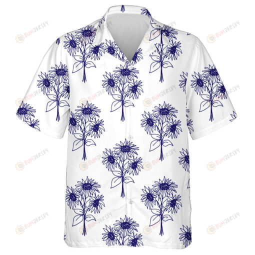 Hand Drawn Line Blue Bouquets Of Sunflowers On White Background Hawaiian Shirt