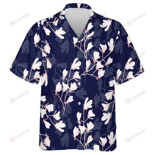 Hand Drawn Magnolia Flower Branch On Navy Background Design Hawaiian Shirt