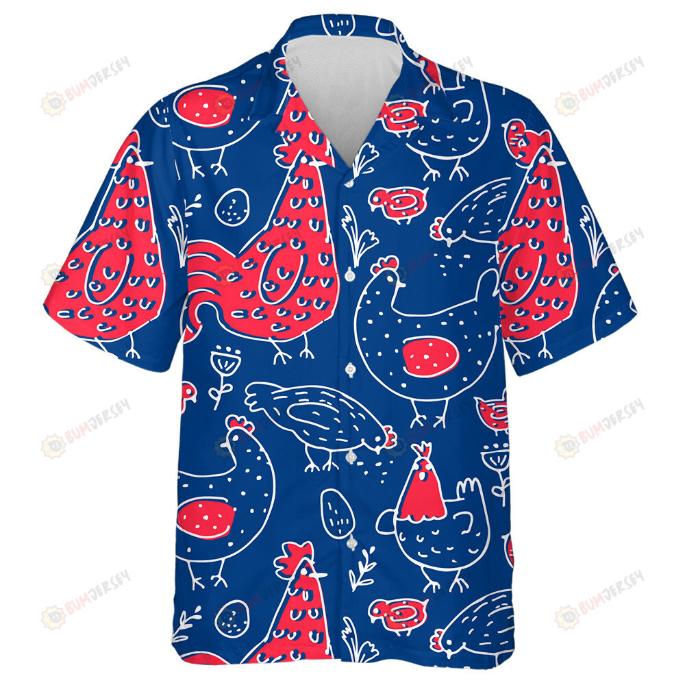 Hand Drawn Patriotic USA Colors Chicken Rooster Hawaiian Shirt