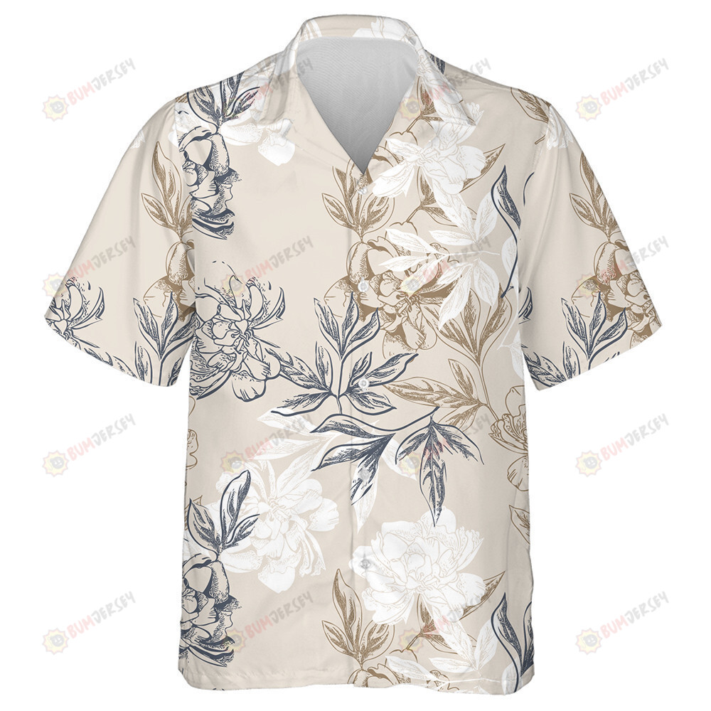 Hand Drawn Peonies Flowers Leaves On Beige Background Design Hawaiian Shirt