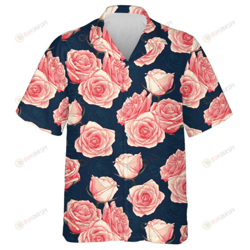 Hand Drawn Pink Pastel Rose Flowers On Dark Blue Background Hawaiian Shirt