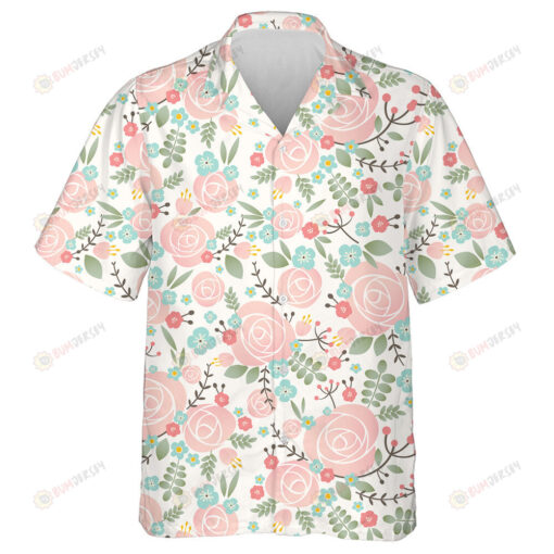 Hand Drawn Pink Rose With Colorful Flowers Branches Art Hawaiian Shirt