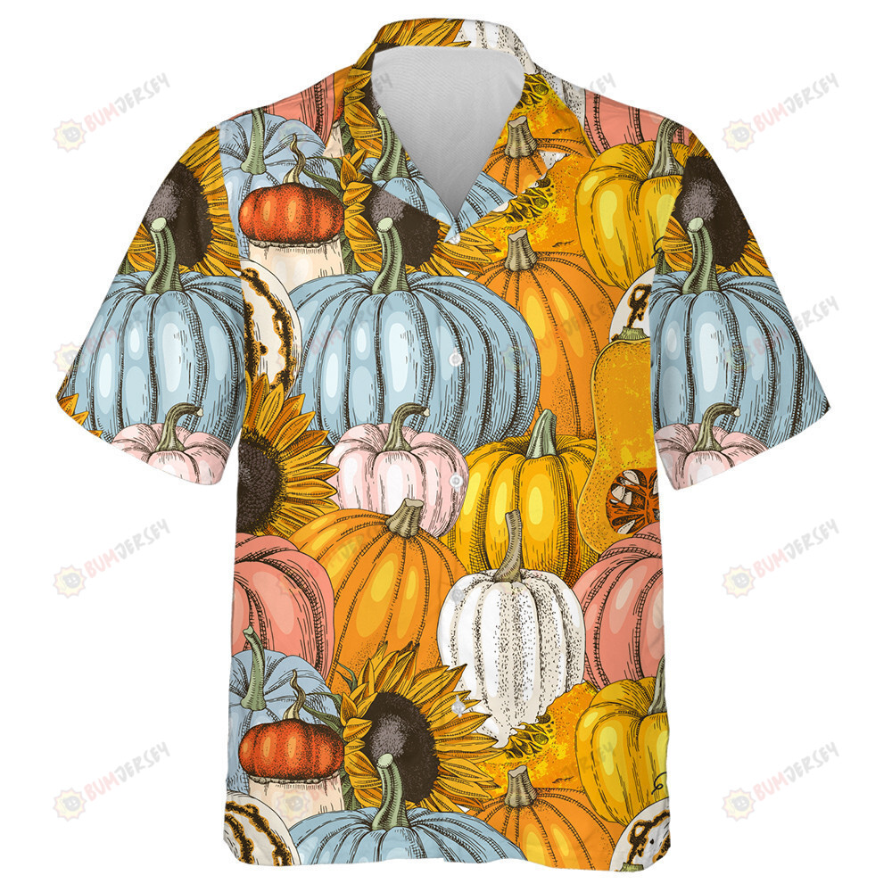 Hand Drawn Pumpkins And Sunflowers Happy Halloween Pattern Hawaiian Shirt