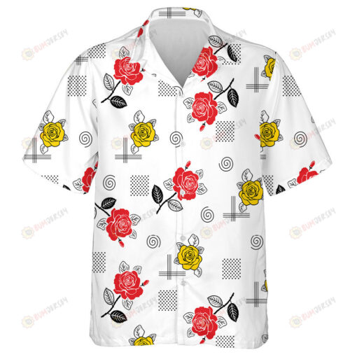 Hand Drawn Red Yellow Roses With Decorative Elements Pattern Hawaiian Shirt