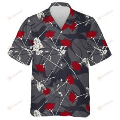 Hand Drawn Romantic Red Roses Branches Vegetation Pattern Hawaiian Shirt