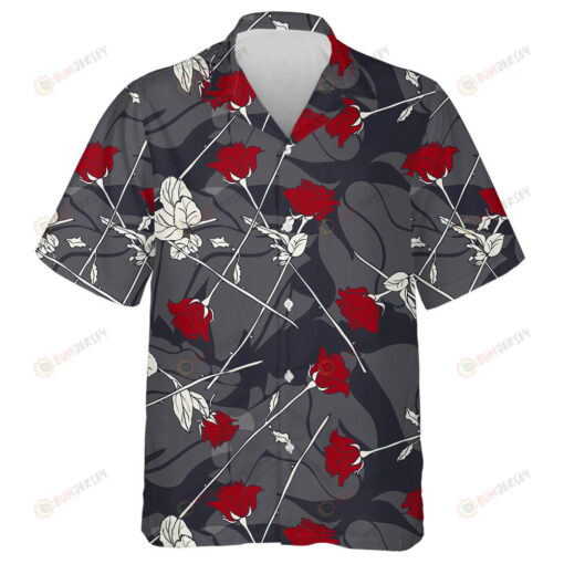 Hand Drawn Romantic Red Roses Branches Vegetation Pattern Hawaiian Shirt