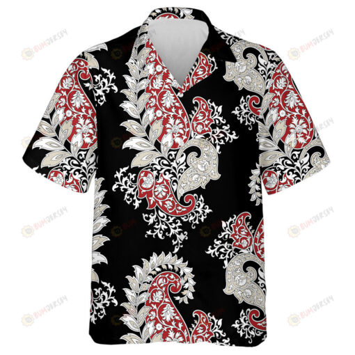 Hand Drawn Traditional Indian Paisley Leaves Pattern Black Background Hawaiian Shirt