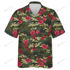 Hand Drawn Vibrant Red Roses Monochrome Green Camo Pattern Hawaiian Shirt