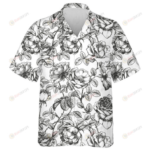 Hand Drawn Vintage Floral Rose Leaf Branch Pattern Hawaiian Shirt