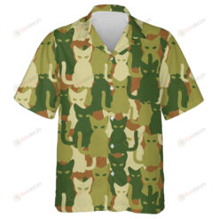 Happy Cat Silhouette Green Camo Military Pattern Hawaiian Shirt