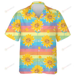 Happy Sunflower And Rainbow Hand Sketched On Colorful Pastel Striped Hawaiian Shirt