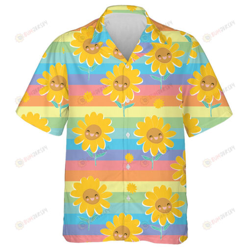 Happy Sunflower And Rainbow Hand Sketched On Colorful Pastel Striped Hawaiian Shirt