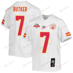 Harrison Butker 7 Kansas City Chiefs Super Bowl LVII Champions 3 Stars Youth Jersey - White