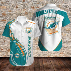 Hawaiian Shirt Miami Dolphins Logo And Rugby Ball In Fire Pattern In White