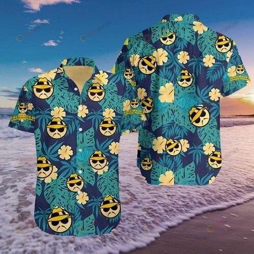 Hawaiian Shirt With Tropical Leave And Funny Face Pattern In Green