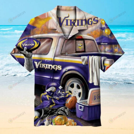 Hawaiian Shirts Minnesota Vikings Car With Rugby Ball And Helmet Pattern