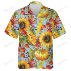 Hello Autumn Season Elements With Pumkin Sunflower And Leaves Hawaiian Shirt