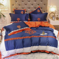 Hermes H Logo Embroidered Long-Staple Cotton Bedding Set In Navy