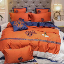 Hermes H Logo Embroidered Long-Staple Cotton Bedding Set In Orange