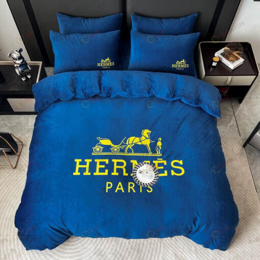 Hermes Logo Double Sided Crystal Velvet Bedding Set In Navy Blue