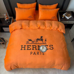 Hermes Logo Double Sided Crystal Velvet Bedding Set In Orange