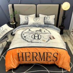 Hermes Monogram Thick Crystal Velvet Cotton Bedding Set In White/Orange