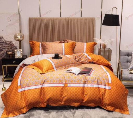 Hermes Pattern Cotton Bedding Set In Orange