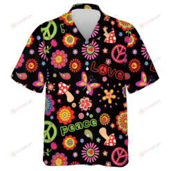 Hippie Cartoon Flowers Multicolor Pattern On Black Background Hawaiian Shirt