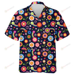 Hippie Pattern With Peace Symbol Mushrooms And Abstract Flowers Hawaiian Shirt