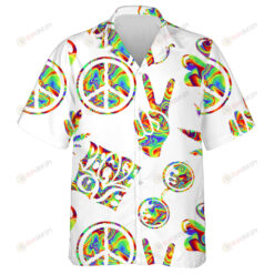 Hippie Rainbow Pattern Hand Drawn Cartoon Symbols Of Hippy Hawaiian Shirt