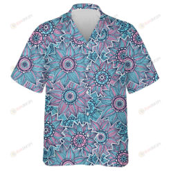 Hippie Style Sunflowers Outline Drawn In Turquoise And Pink Hawaiian Shirt