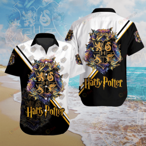 Hog Warts Harry Potter Curved Hawaiian Shirt In Black And White
